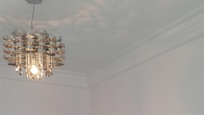 A living room with a dark sofa, a patterned rug, a chandelier, a wall-mounted shelf with flowers, and two framed pictures. - Appartement Haut Standing Lac 2 (Tunis)