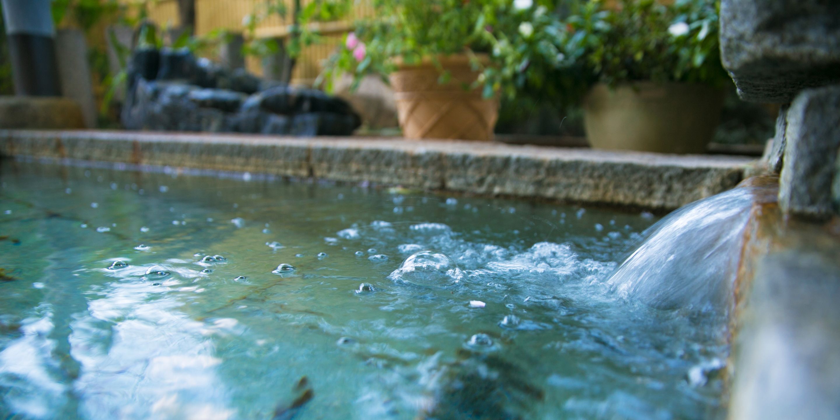 A water feature with a stone edge and potted plants in the background.