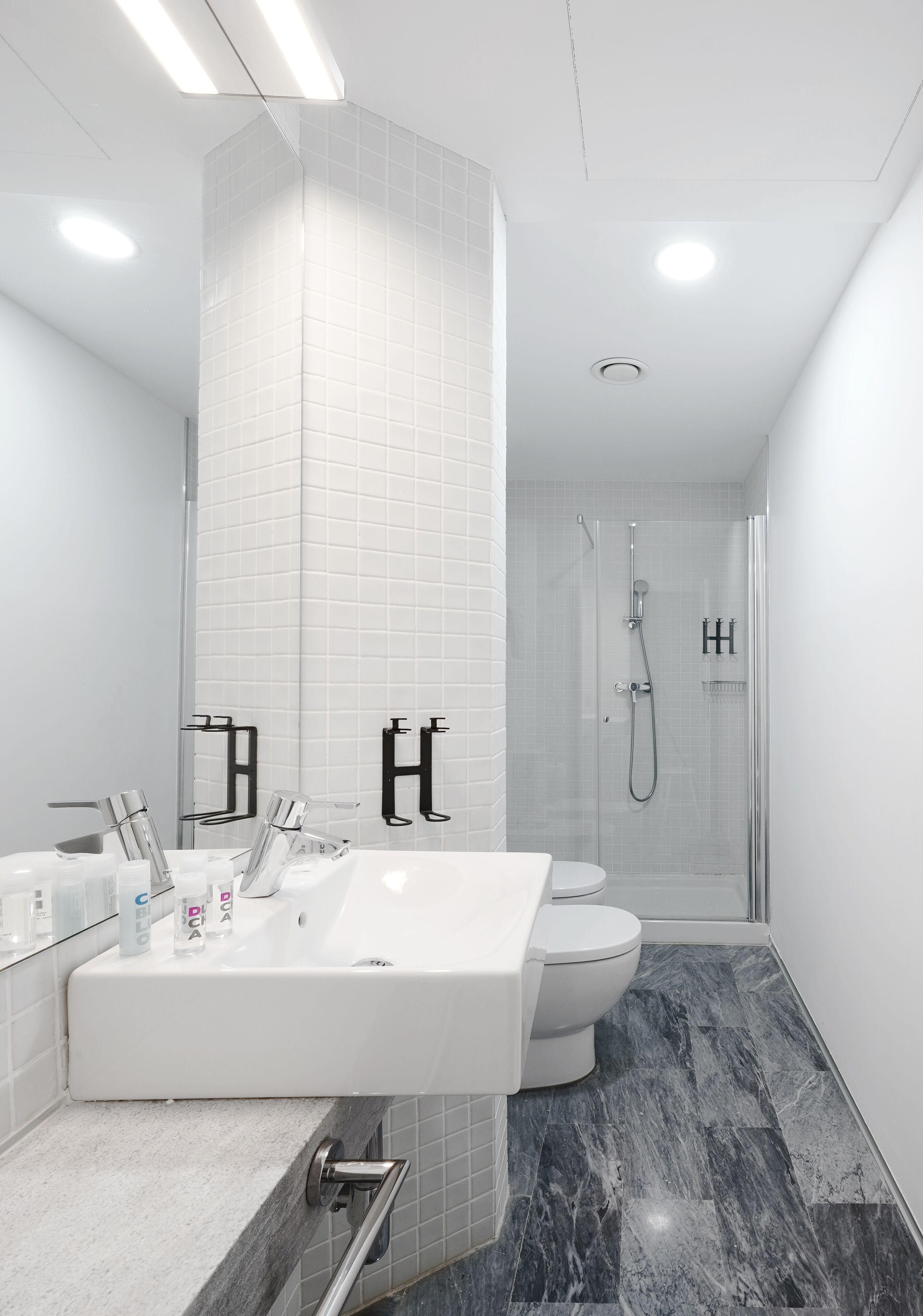 Ein modernes Badezimmer mit einem großen, weißen Waschbecken, einer einteiligen Duschkabine und einer Toilette.