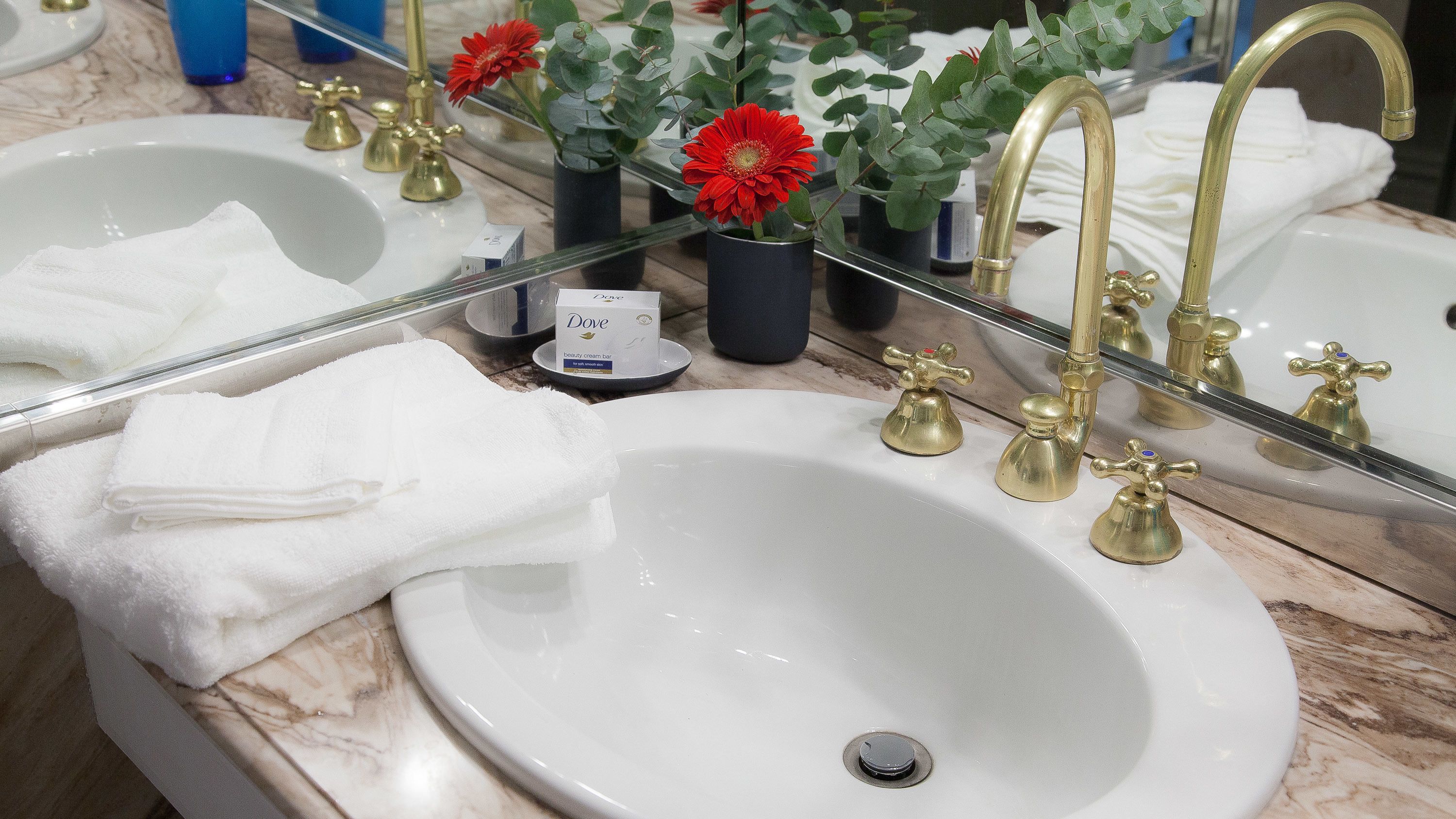 A bathroom with a white sink, gold faucets, a mirror, and a potted red flower.
