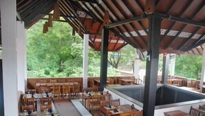 Un área de comedor al aire libre con mesas y sillas de madera, un espacio de estar cubierto y vistas a zonas verdes.