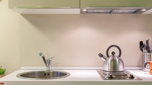 A kitchen with a stainless steel sink, a kettle, and a knife block. - Rental in Rome Crociferi 2 (Rome)