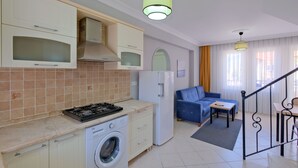 A modern kitchen with a gas stove, washing machine, and white cabinets. There is a blue sofa and a small table in the living area. - Gold Lion Apart Hotel (Fethiye)