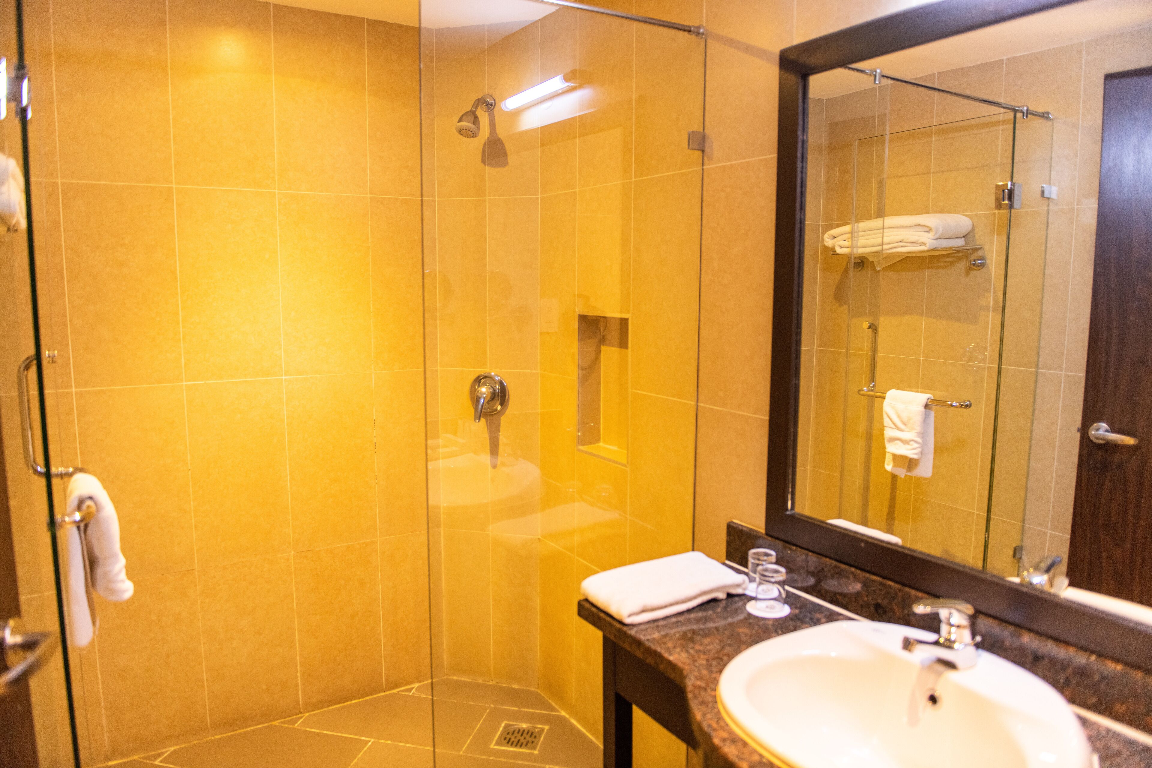 A hotel bathroom with a glass-enclosed shower, a sink, and a large mirror.