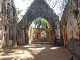 Una estructura antigua de piedra con un arco central, rodeada de vegetación exuberante.