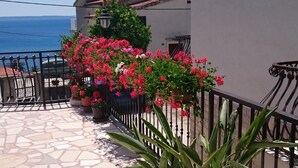 Un patio empedrado con plantas en macetas y una barandilla, con vista a un cuerpo de agua.