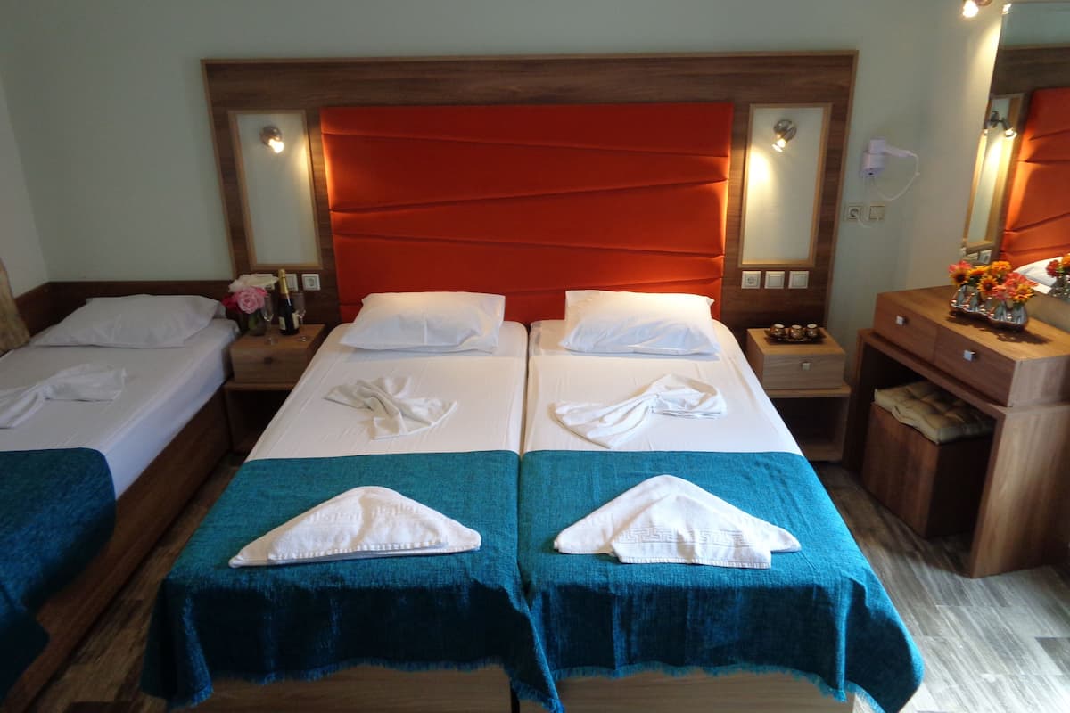 A hotel room with two single beds, a wooden headboard, a nightstand with a lamp, and a mirror.