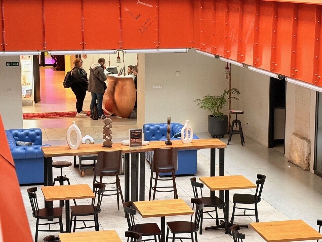 A modern cafe with wooden tables and black chairs, a blue sofa, and a large potted plant.