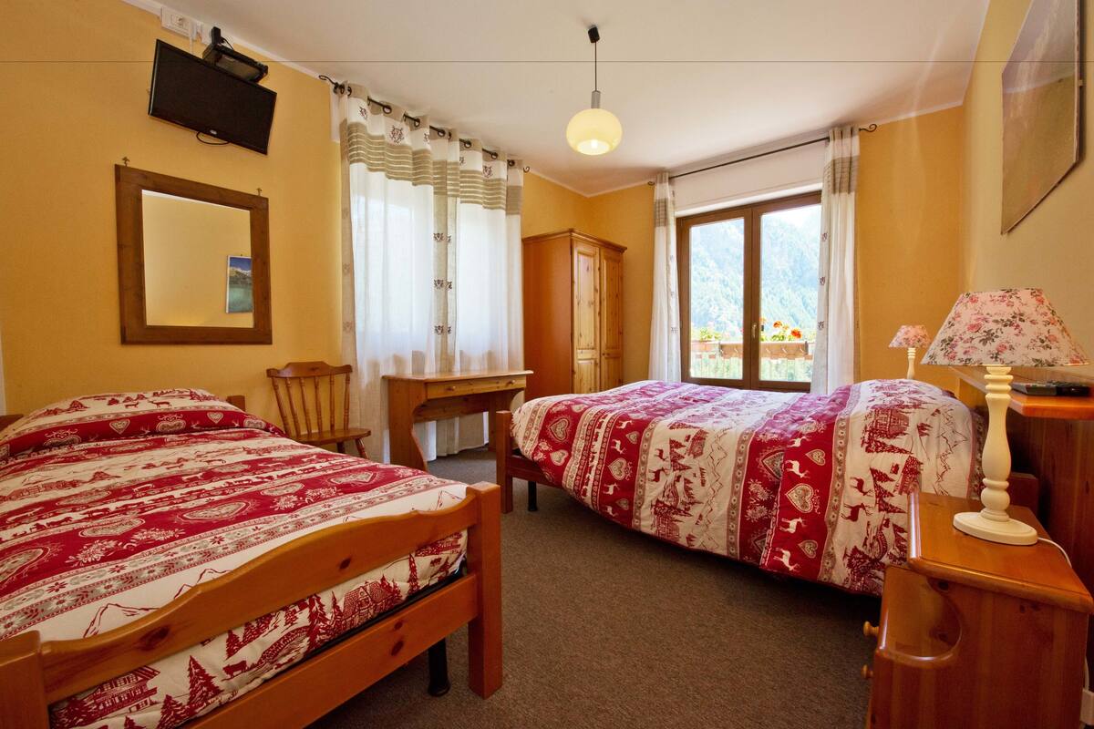 A bedroom with two wooden beds, a desk, a chair, a television, and a window with a view of mountains.