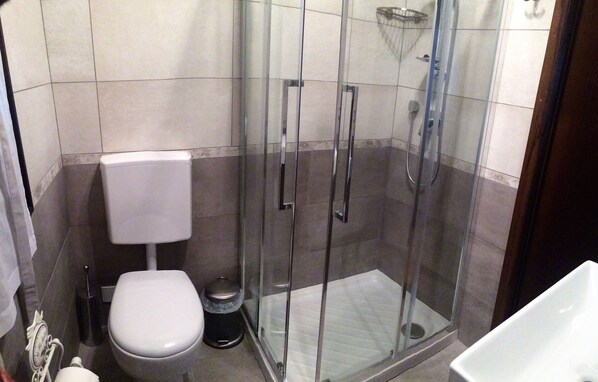 A bathroom with a toilet, a glass-enclosed shower, and a white sink.