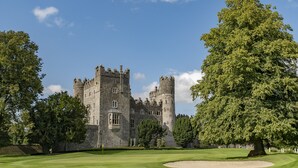 A castle with a tower, surrounded by a well-maintained lawn and trees. - Kilkea Castle (Kilkea)