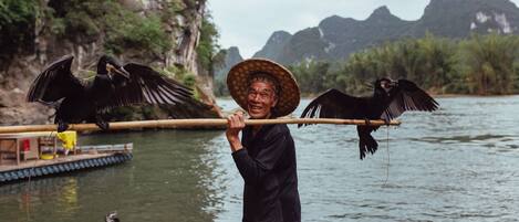 A person holding a long pole with two birds perched on it, standing by a body of water with boats and cliffs in the background.
