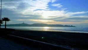 A beach with a clear sky, palm trees, and a distant mountain range. - Depto Costa Mansa (Coquimbo)
