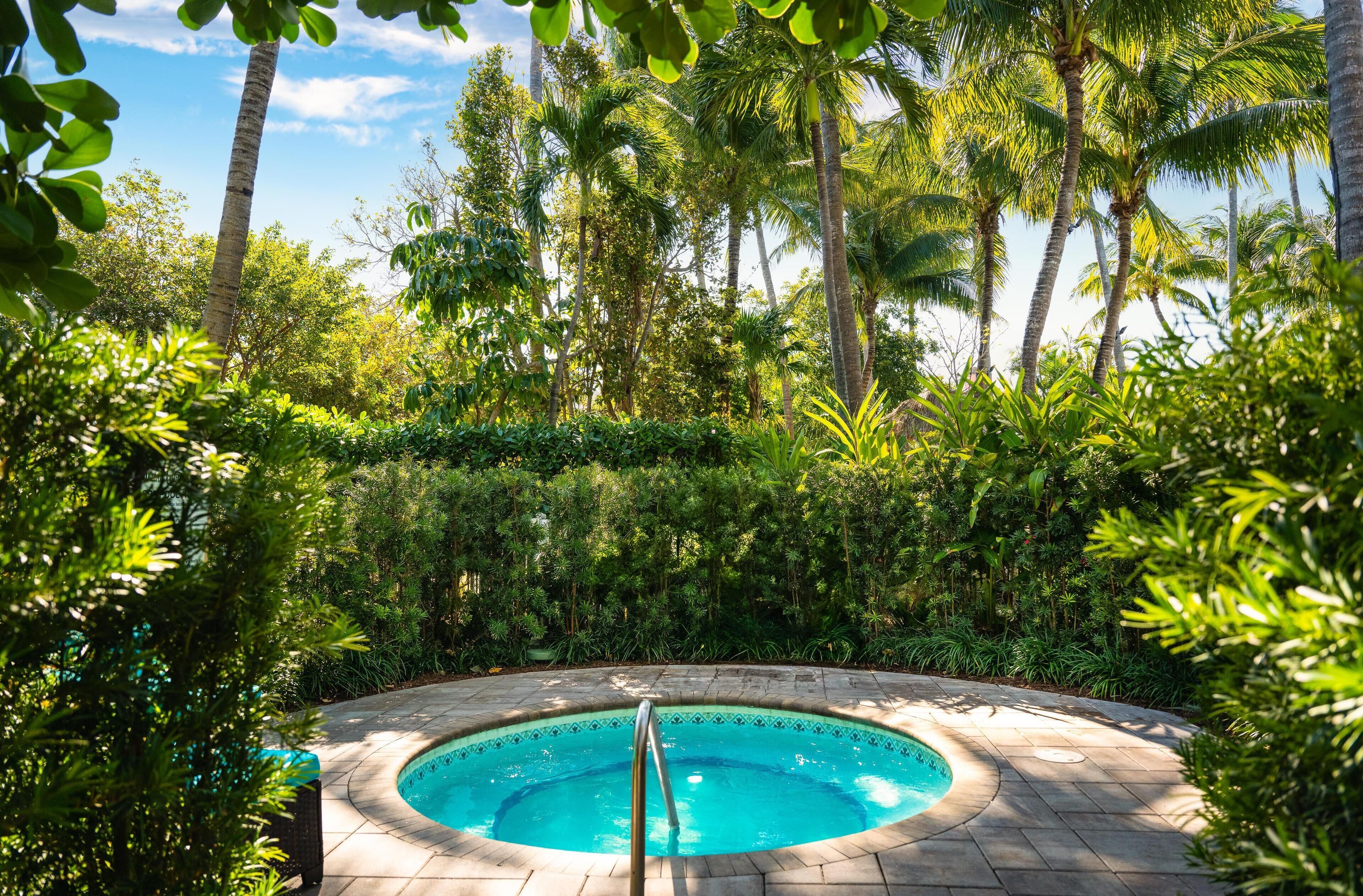 A circular pool with a tiled edge, surrounded by lush greenery and palm trees.