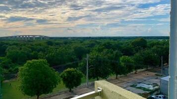 Un balcón con vistas a un puente y vegetación.