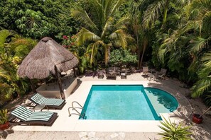 Outdoor pool, pool umbrellas, sun loungers