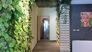 A hallway with wooden flooring, green leafy walls, and a reception area with a wooden desk and a poster.