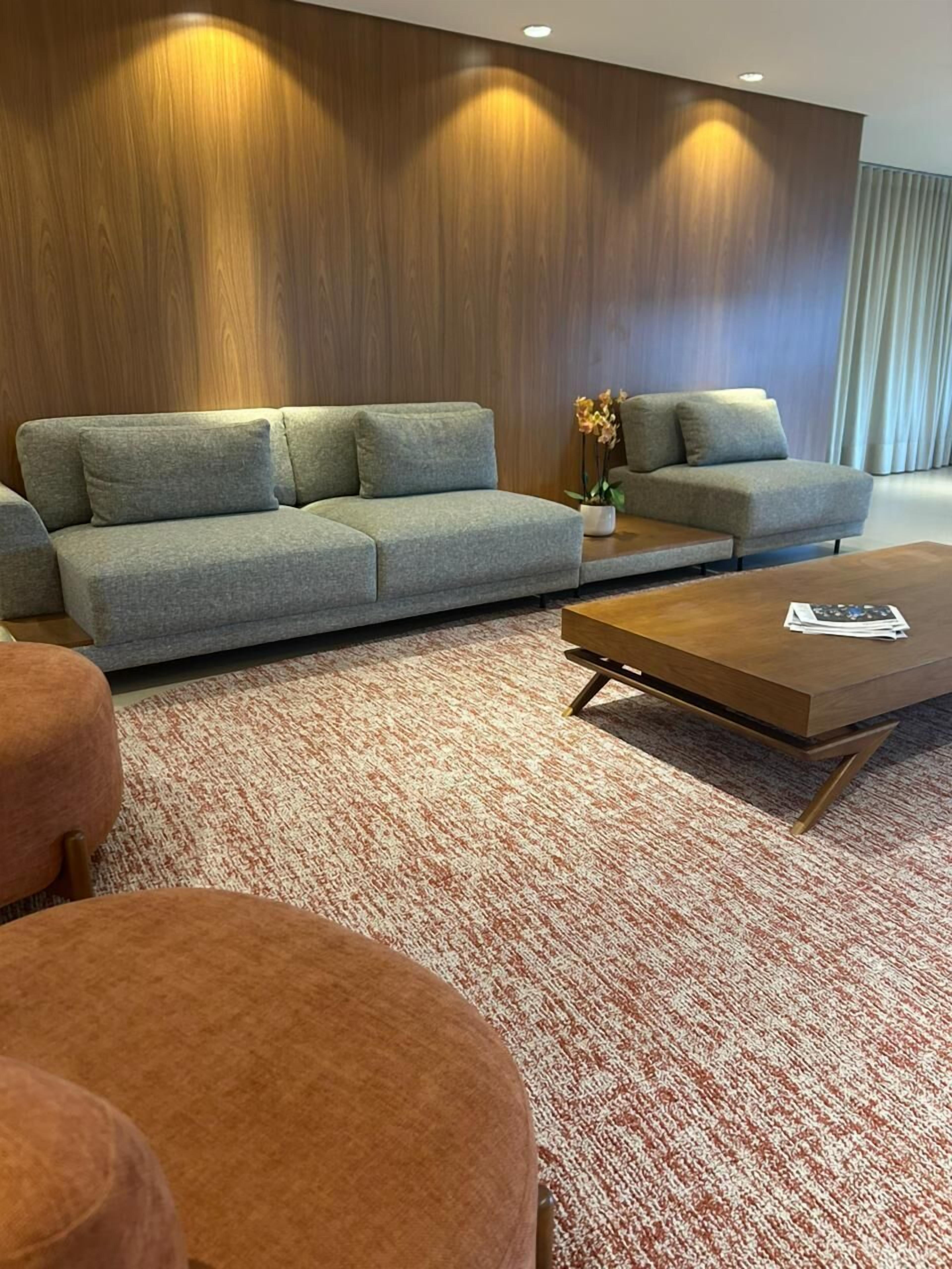 Un salon moderne avec un canapé gris, une table basse en bois et un tapis à motifs.