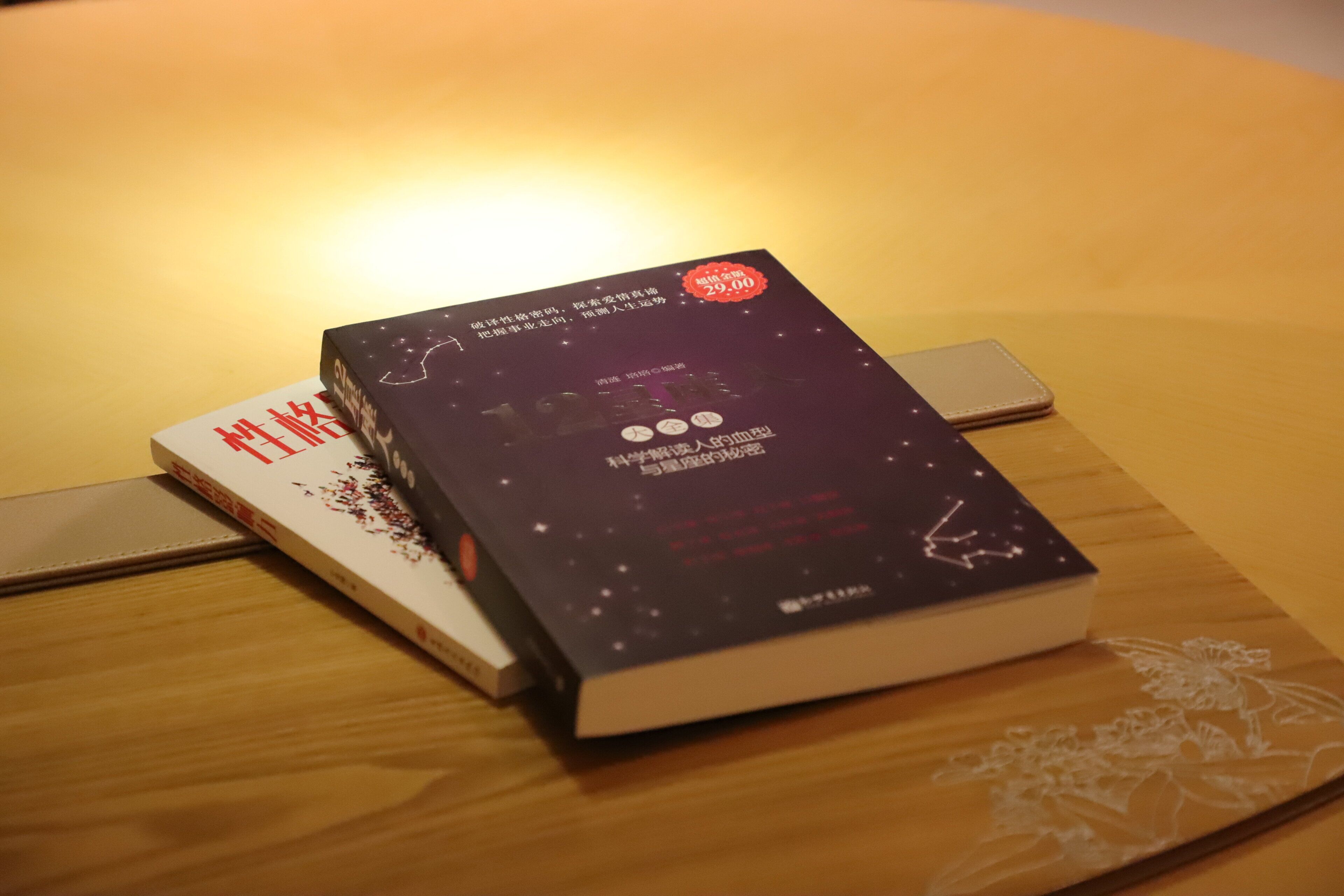 Un livre à la couverture sombre, avec un texte blanc, posé sur une surface en bois.