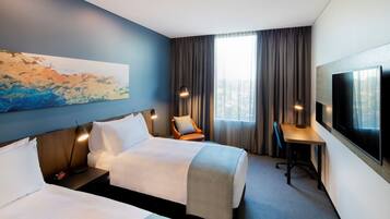 In-room safe, desk, laptop workspace, blackout curtains