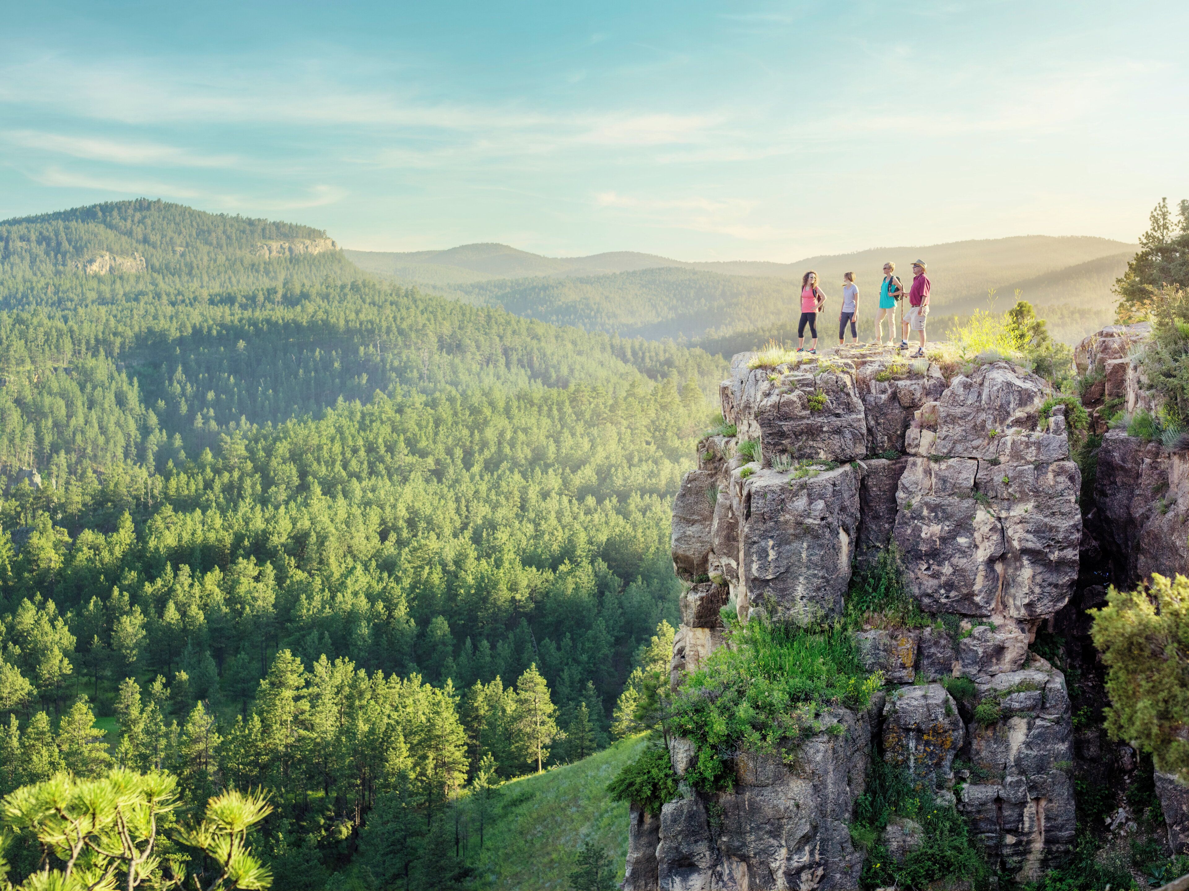 Un grupo de personas de pie sobre un acantilado rocoso con vistas a un bosque frondoso.