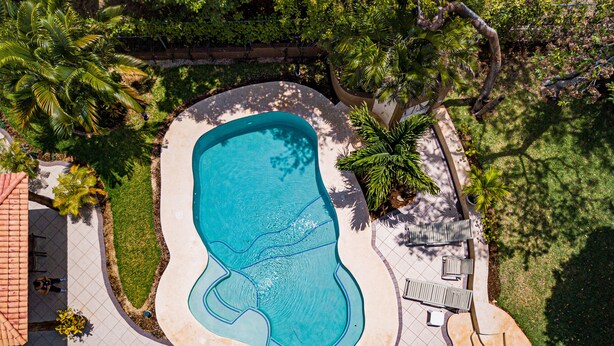 Vista aérea de una piscina con forma singular, rodeada de palmeras y un solárium con baldosas.