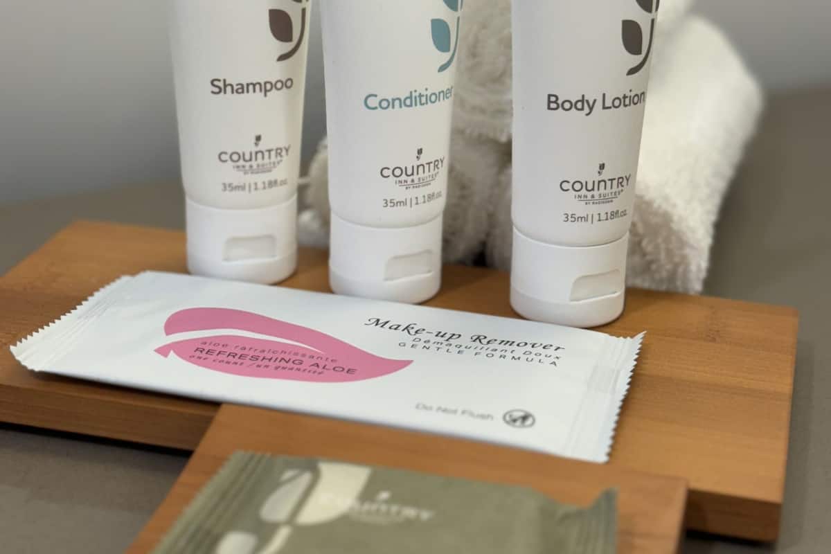 free toiletries, hair dryer, towels