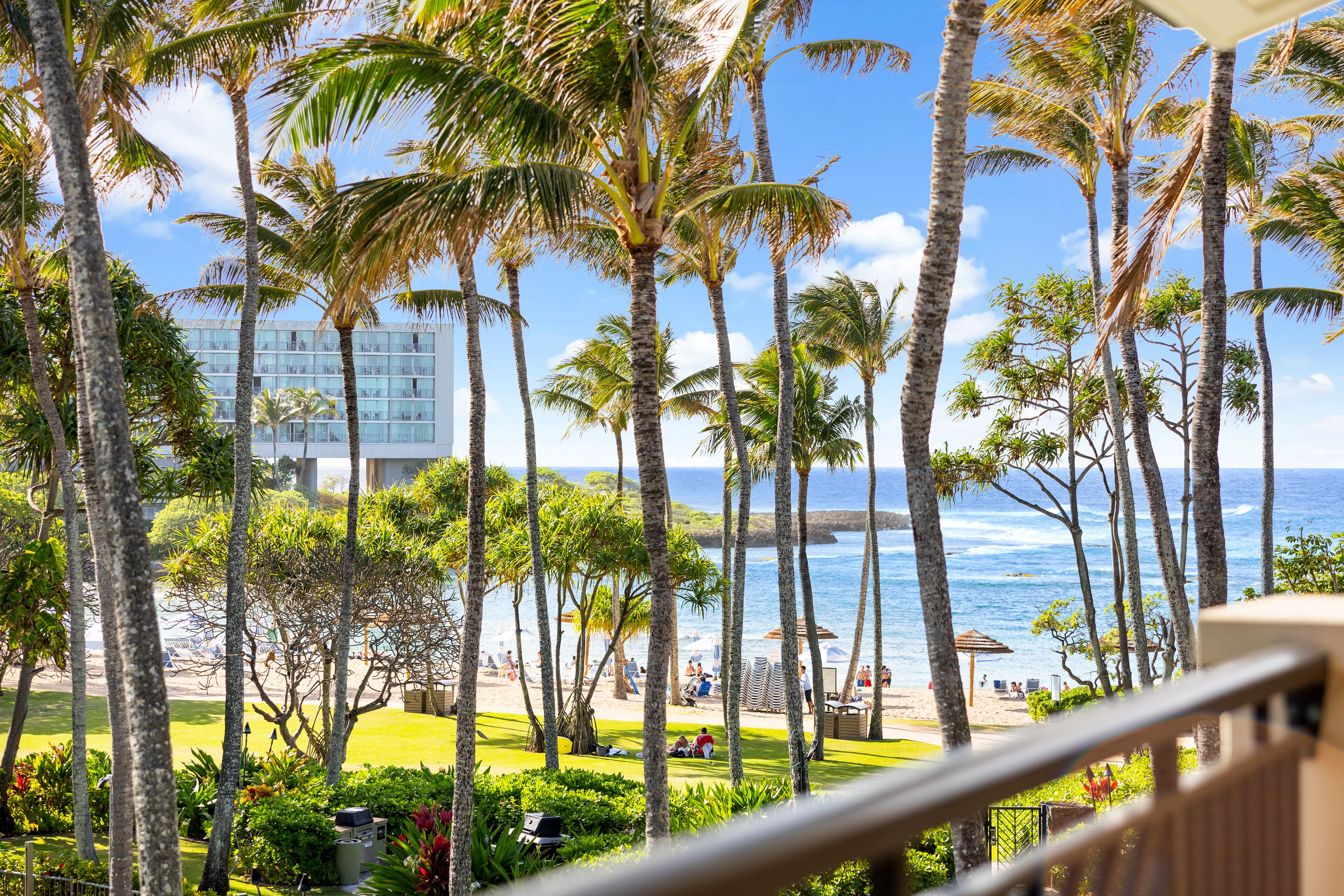 A view of a beach with palm trees and a building in the background.