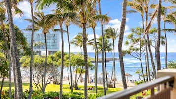 A view of a beach with palm trees and a building in the background.