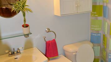 Tina con regadera, secadora de cabello, toallas, jabón