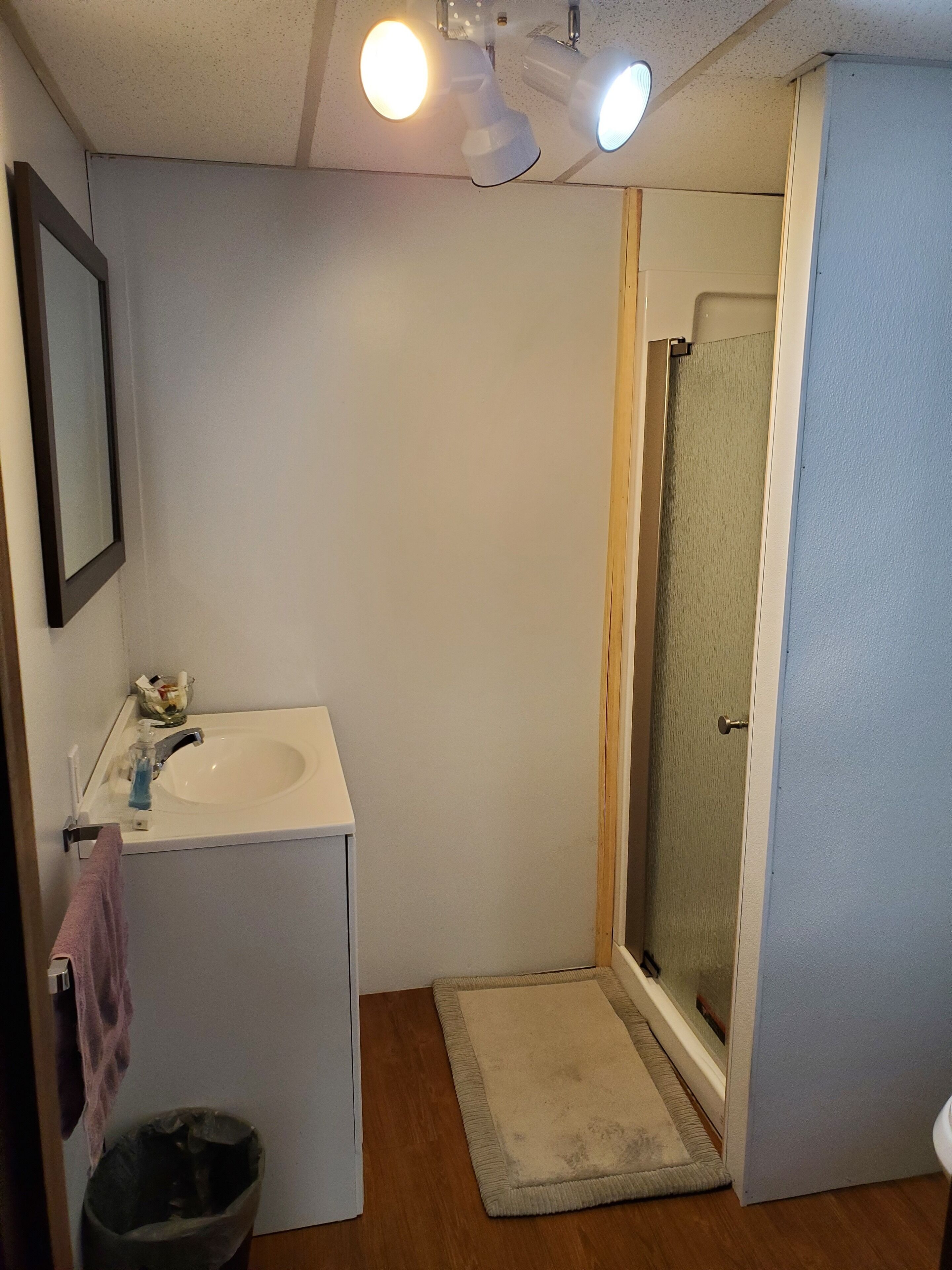 Une salle de bain avec un lavabo blanc, un miroir, un porte-serviettes, une poubelle, une porte de douche et un petit tapis.
