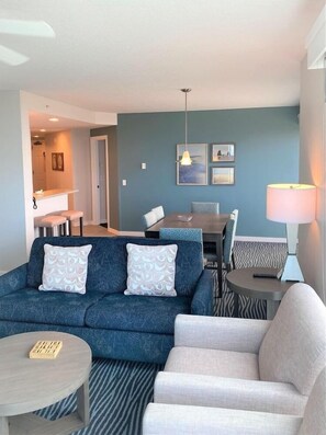 Flat-screen TV, fireplace, pay films