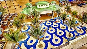 On the beach, sun loungers, beach towels