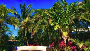 A poolside area with a lounge chair and a small table, surrounded by lush tropical plants and palm trees.