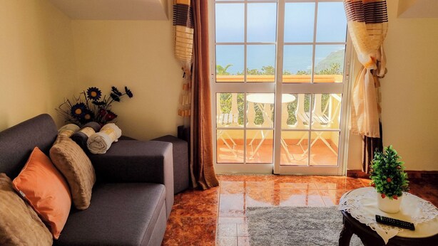 Un salon avec un canapé, une petite table sur laquelle est posée une plante, et une vue sur un balcon aménagé avec du mobilier d’extérieur.