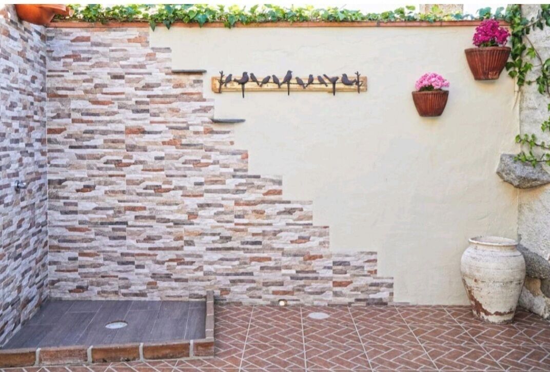 A stone staircase leading up to a balcony with potted plants and a decorative bird shelf.