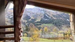 Een kamer met een groot raam met uitzicht op een bergachtig landschap met herfstkleuren.