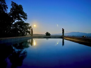 A rooftop pool, pool loungers