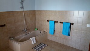 Combined shower/tub, hair dryer, bidet, towels