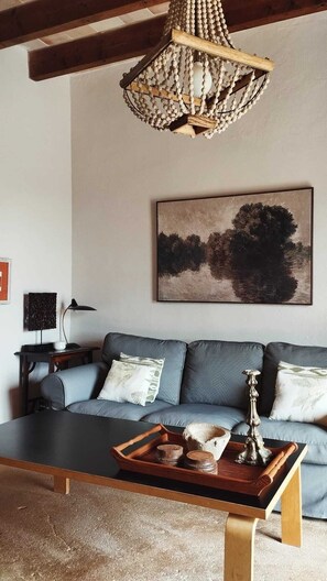 Fireplace, DVD player, books, stereo