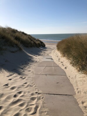 Un sentier de sable qui longe la plage et mène à l’océan, avec des traces de pas et de l’herbe de chaque côté.