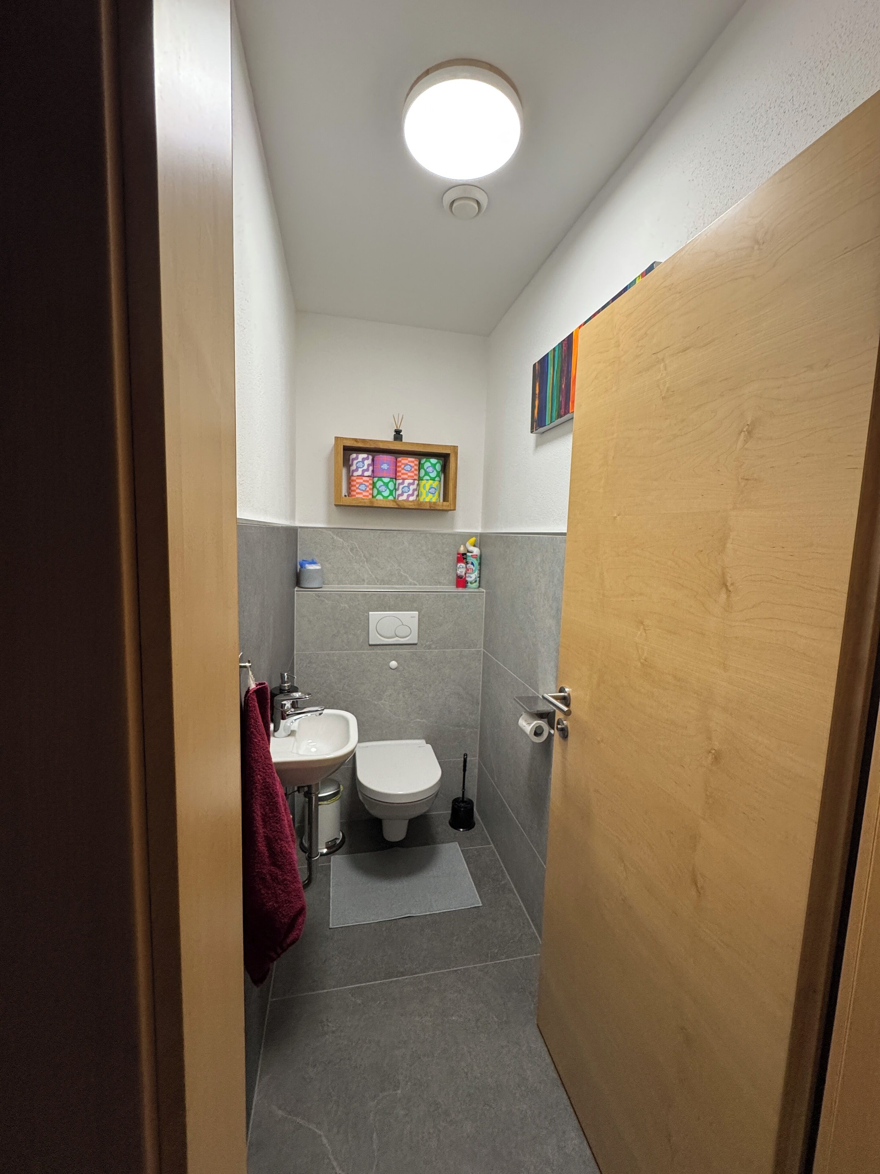 Un baño pequeño con inodoro, lavamanos y zona de ducha.