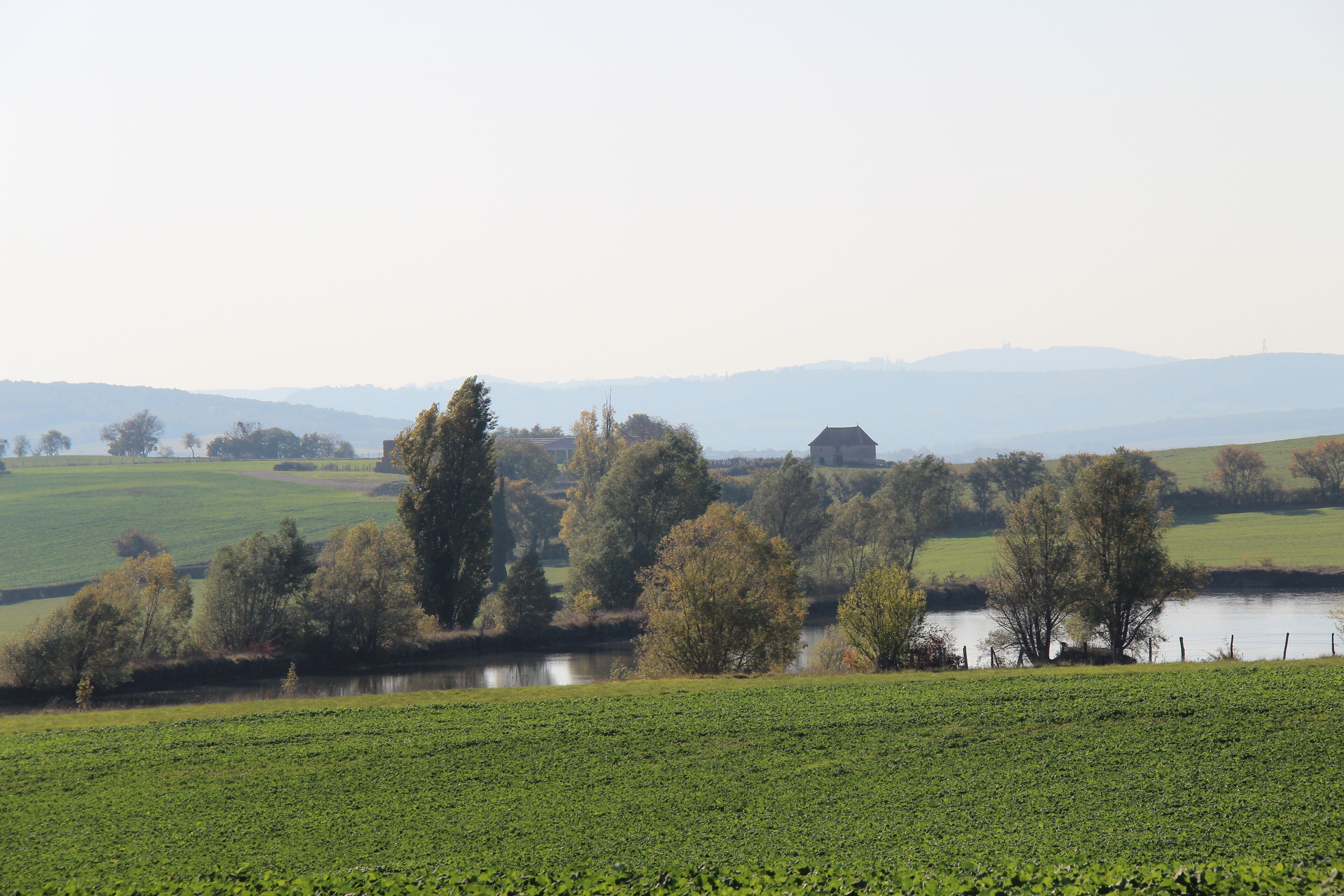 Un paysage rural avec une rivière, des champs et une chaîne de montagnes à l’horizon.
