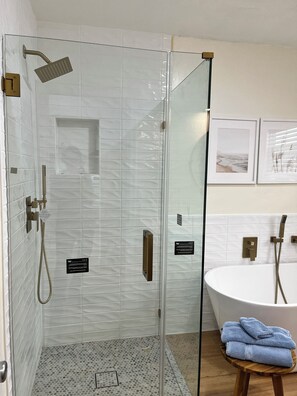 Shower, hair dryer, towels, soap