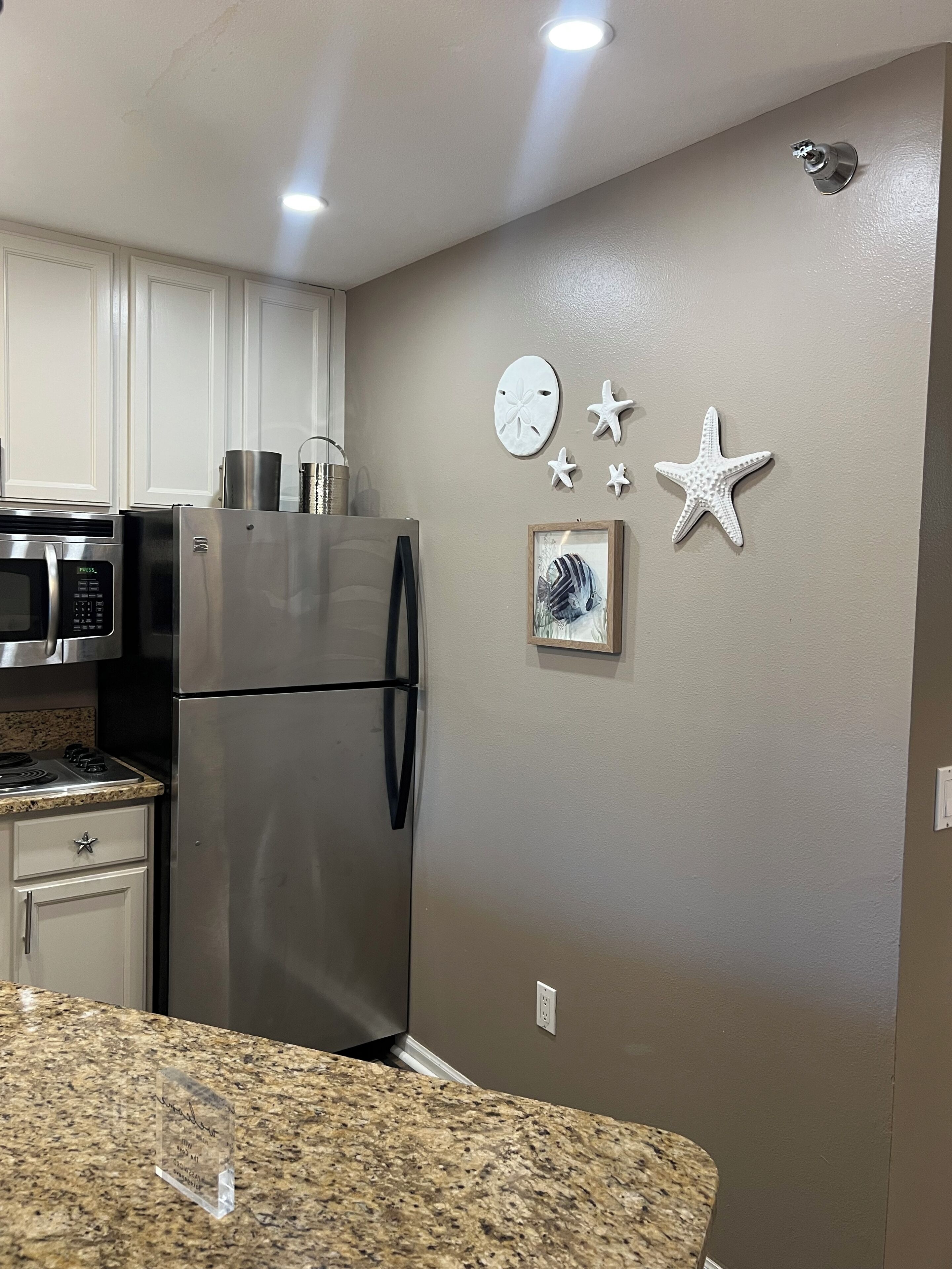 A kitchen with a stainless steel refrigerator, a microwave, and a granite countertop.