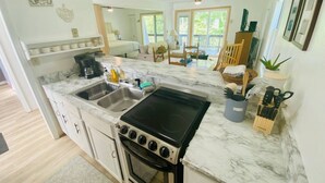 A modern kitchen with a stove, sink, and marble countertop. - Cozy Pet-Friendly Studio! Land of Oz ! Festivals! (Beech Mountain)