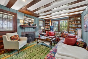 Smart TV, chimenea, reproductor de DVD y libros 