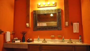 Combined shower/tub, hair dryer, towels, soap