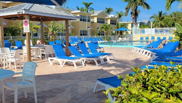 A poolside area with blue lounge chairs, a covered seating area, and a pool.
