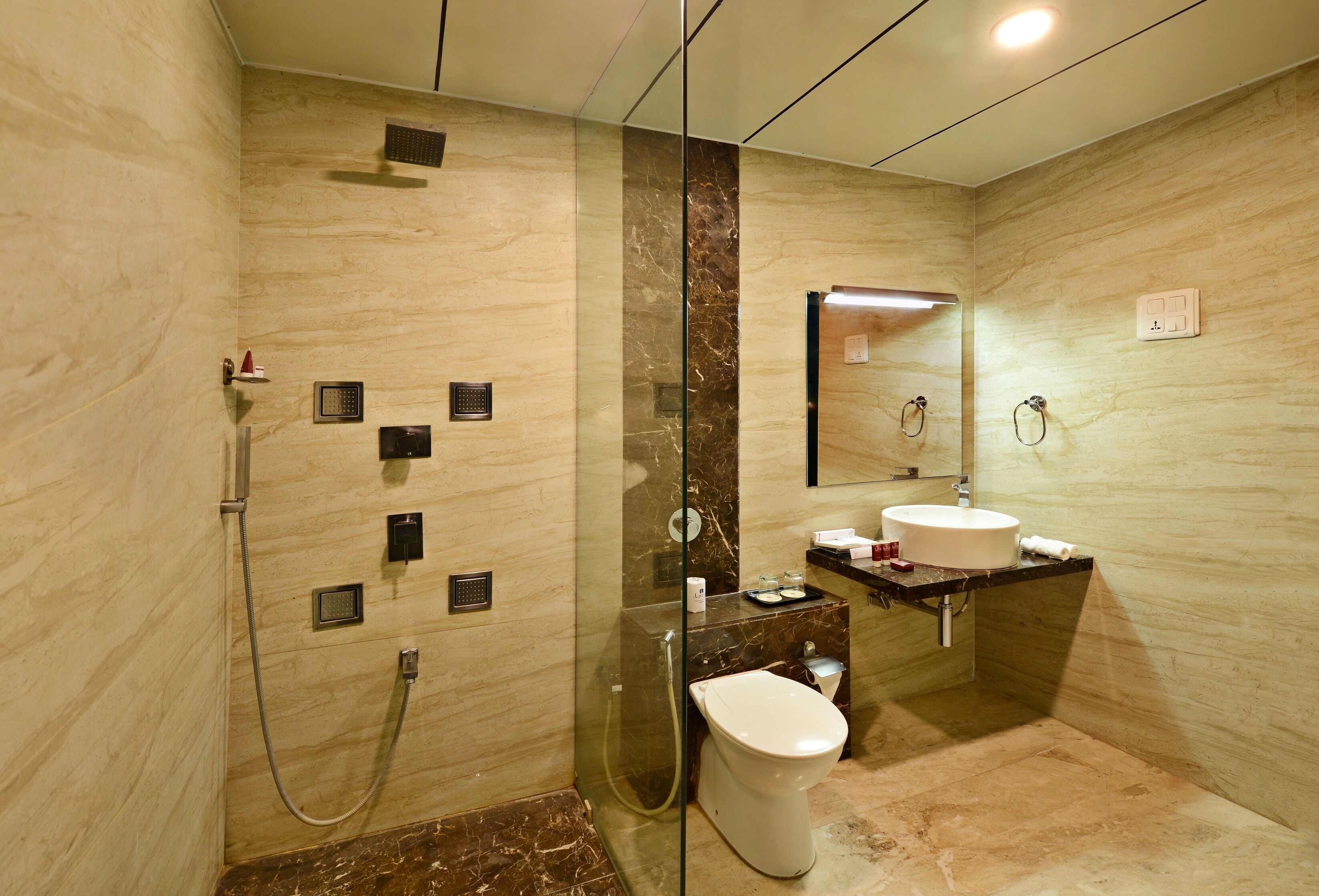 A modern bathroom with a glass-enclosed shower, a toilet, and a sink with a marble countertop.